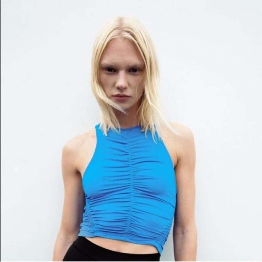 Zara Blue Satin Effect Ruched Draped Halter Neck Crop Top Women's S NWT